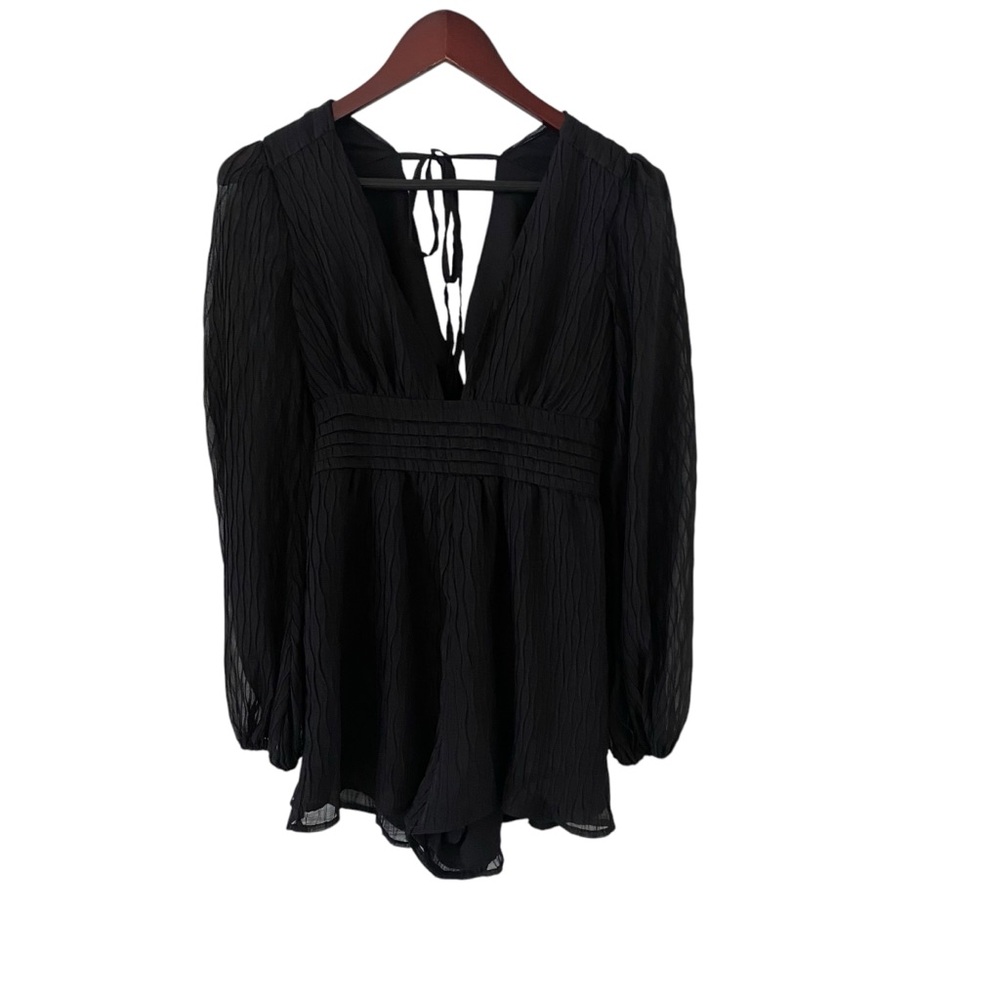 Fashion Nova XS Black Sheer Long Sleeve Plunge V Neck Tie Back Party Romper